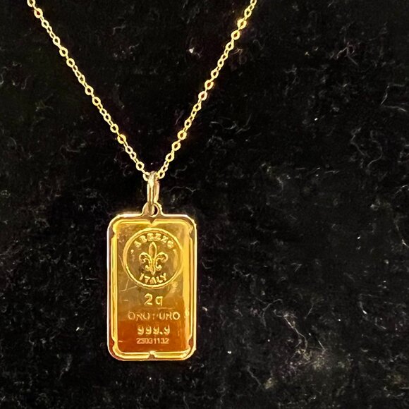 Italian 24kt Yellow Gold Fleur-De-Lis Two-Gram Ingot Pendant Necklace 20" - Picture 3 of 6
